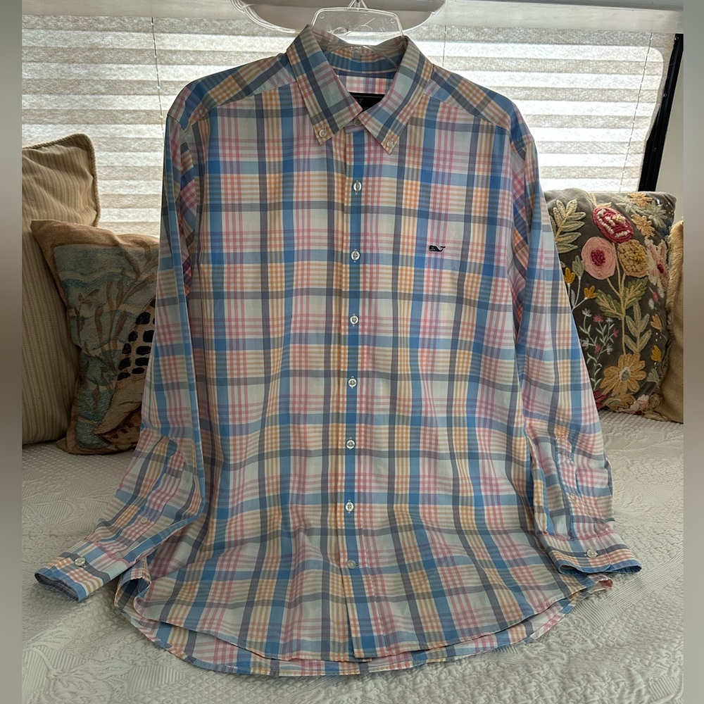 VINEYARD VINES SLIM FIT WHALE SHIRT Size L Men's Pastel Plaid Long Sleeve Collar
